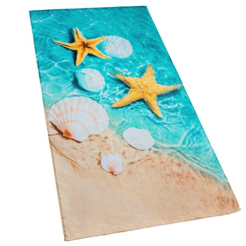 Softerry Starfish & Seashells Beach Towel 30 x 60 inch Velour Terry 100% Cotton, Blue and Sand - Image 1